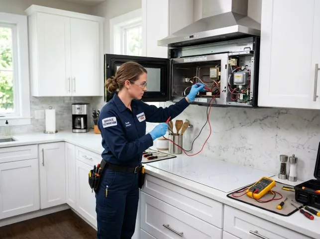 Appliance Repair Hero technician testing an over-the-range microwave in a Bristol, IL kitchen